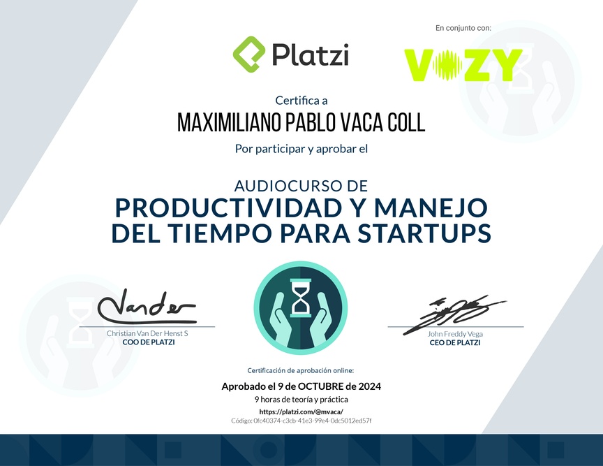 Diploma de Audiocurso de Productividad y Manejo del Tiempo para Startups
