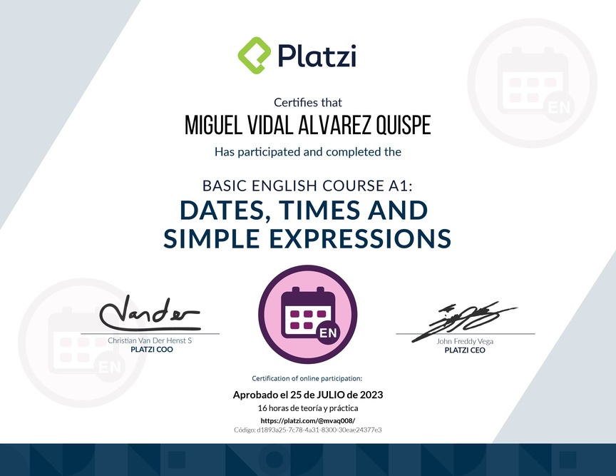 Diploma del Curso de Inglés Básico A1: Fechas, Horas y Expresiones Simples