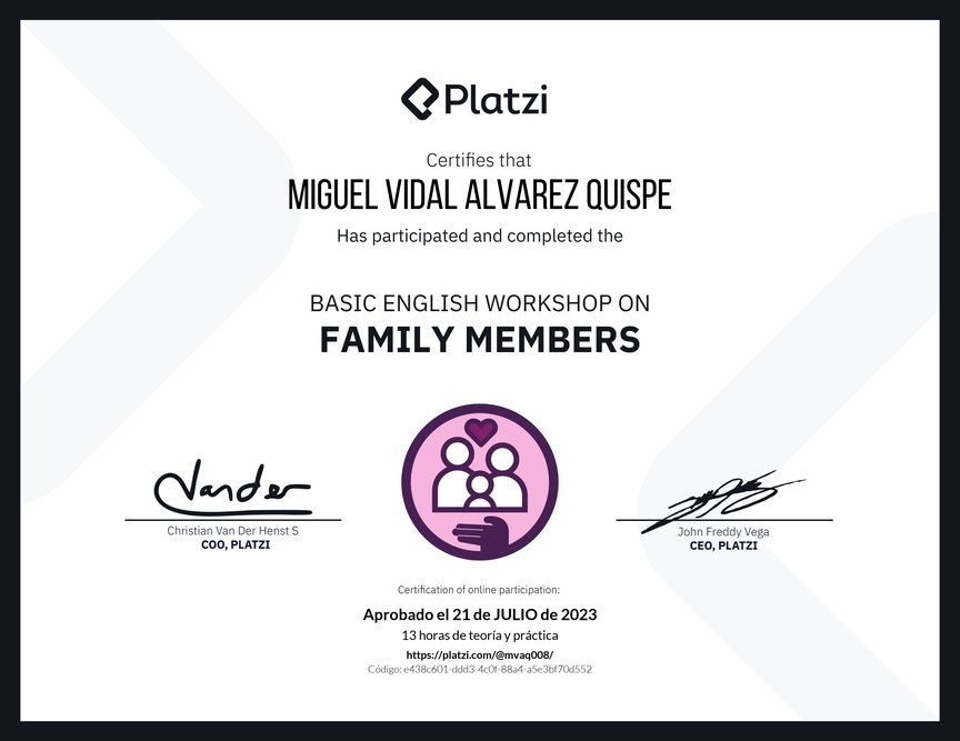 Diploma del Curso de Inglés Práctico sobre los Miembros de la Familia