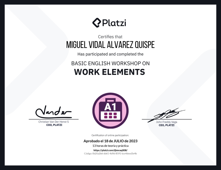 Diploma del Curso de Inglés Práctico sobre Elementos de Trabajo
