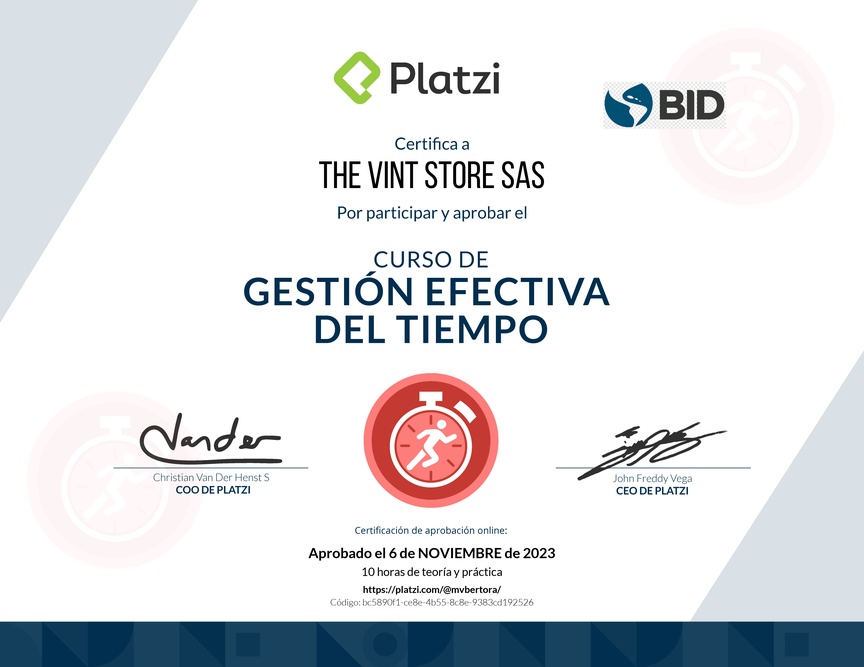 Diploma del Curso de Gestión Efectiva del Tiempo