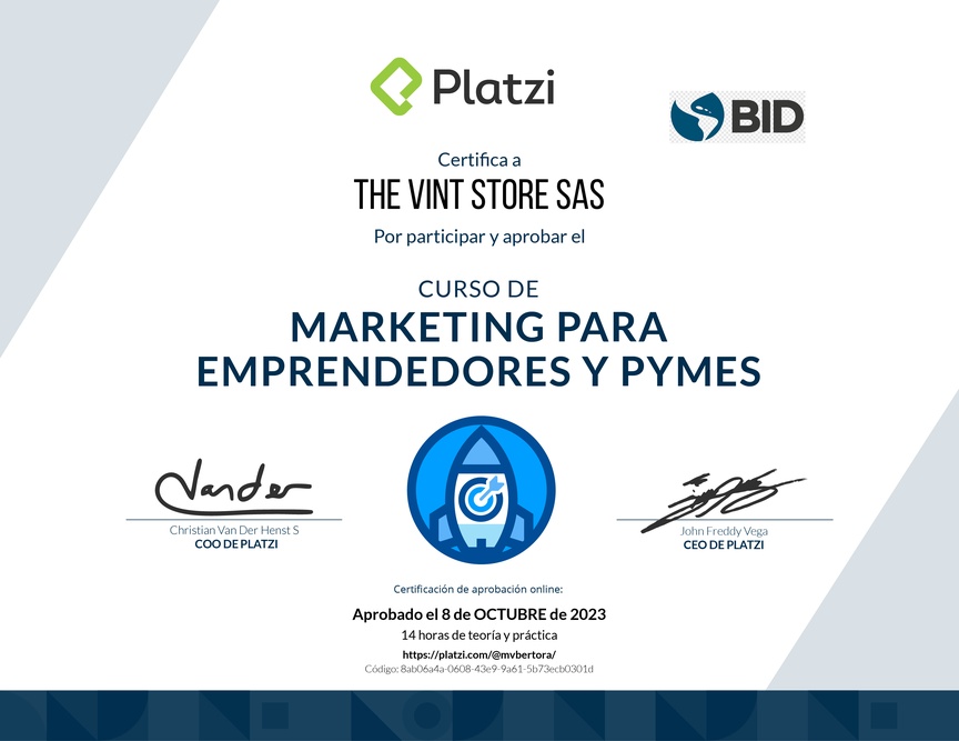 Diploma del Curso de Marketing para Emprendedores y PyMes