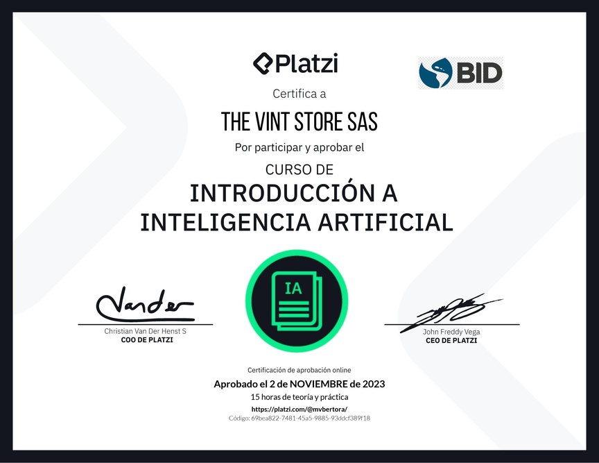 Diploma del Curso de Introducción a Inteligencia Artificial (2023)