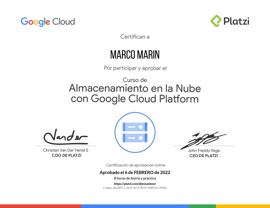 Diploma del Curso de Almacenamiento en la Nube con Google Cloud Platform