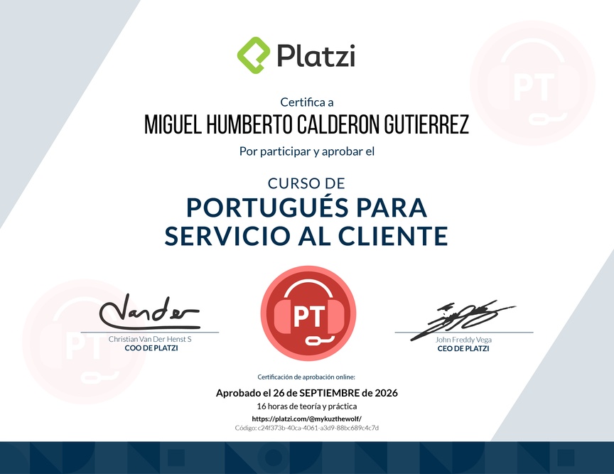 Diploma del Curso de Portugués para Servicio al Cliente