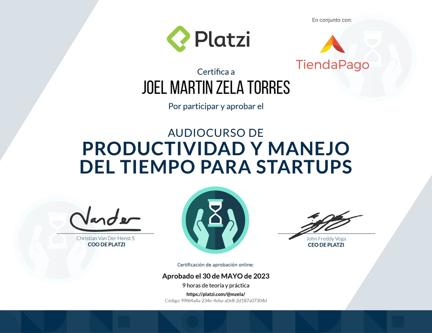 Diploma de Audiocurso de Productividad y Manejo del Tiempo para Startups