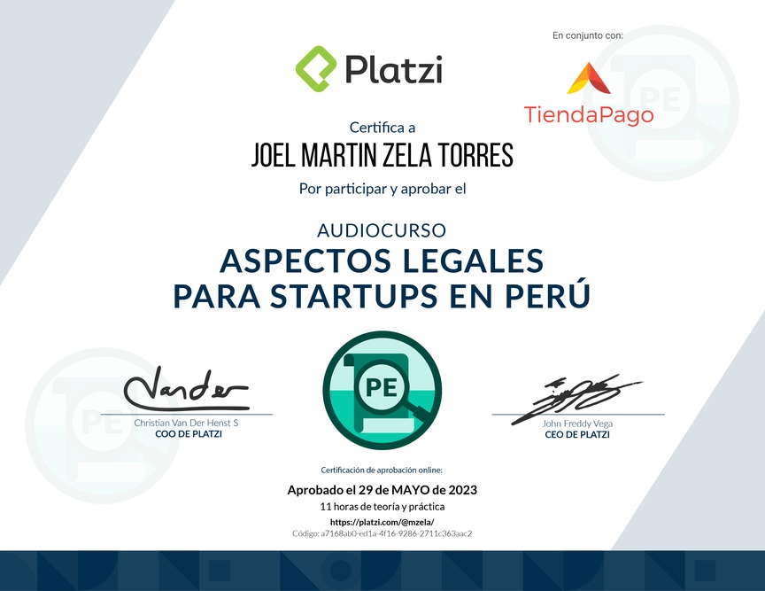 Diploma de Audiocurso Aspectos Legales para Startups en Perú