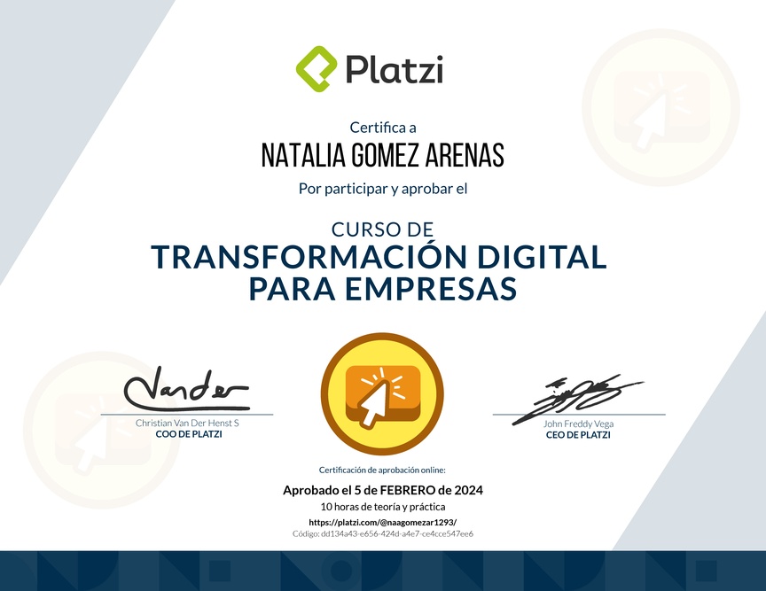 Diploma del Curso de Transformación Digital para el Crecimiento de tu Empresa