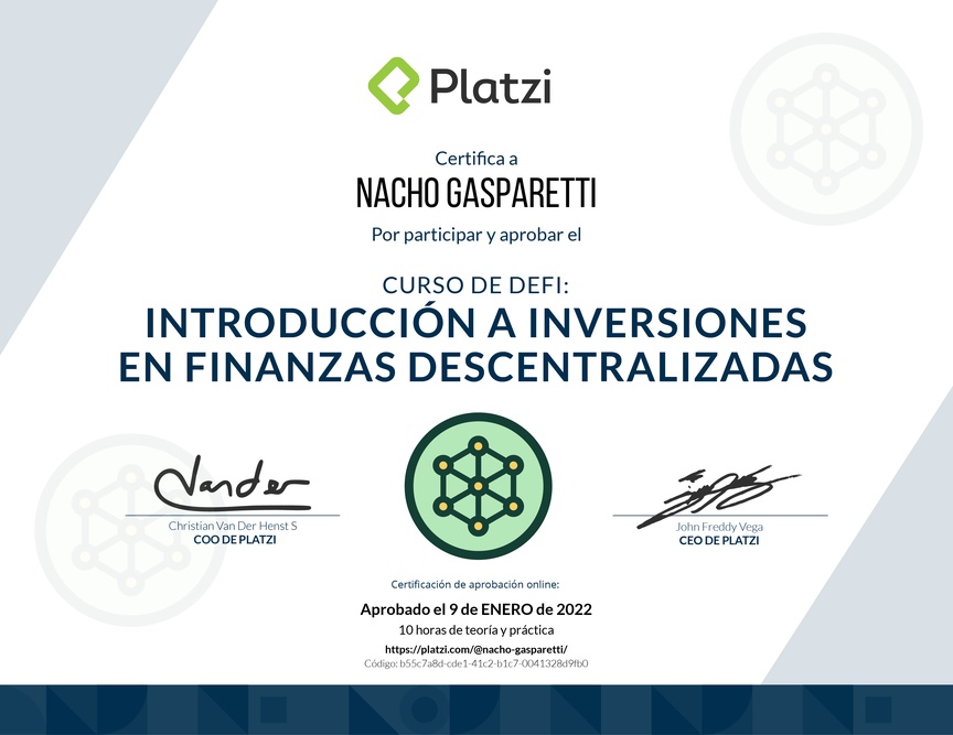 Diploma del Curso de DeFi: Introducción a Inversiones en Finanzas Descentralizadas