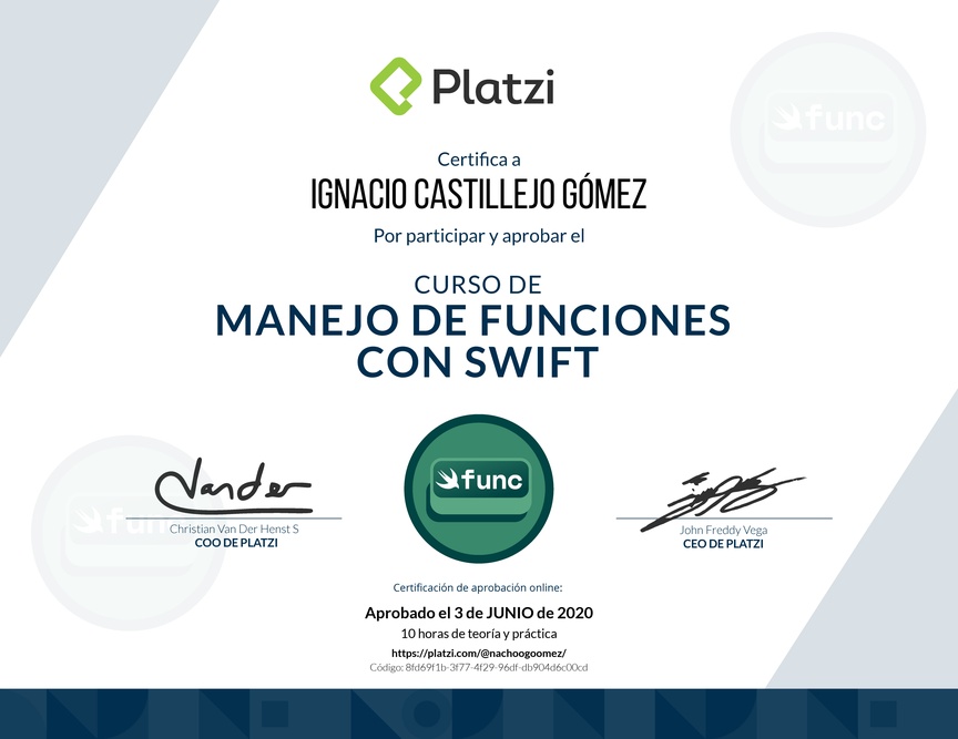 Diploma del Curso de Programación con Swift: Funciones (2019)