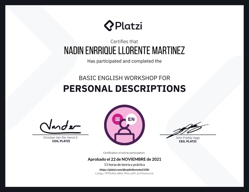Diploma del Curso de Inglés Práctico para Descripciones Personales (2020=