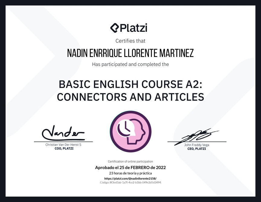 Diploma del Curso de Inglés Básico A2: Conectores y Artículos