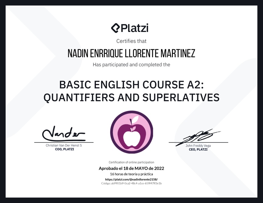 Diploma del Curso de Inglés Básico A2: Cuantificadores y Superlativos