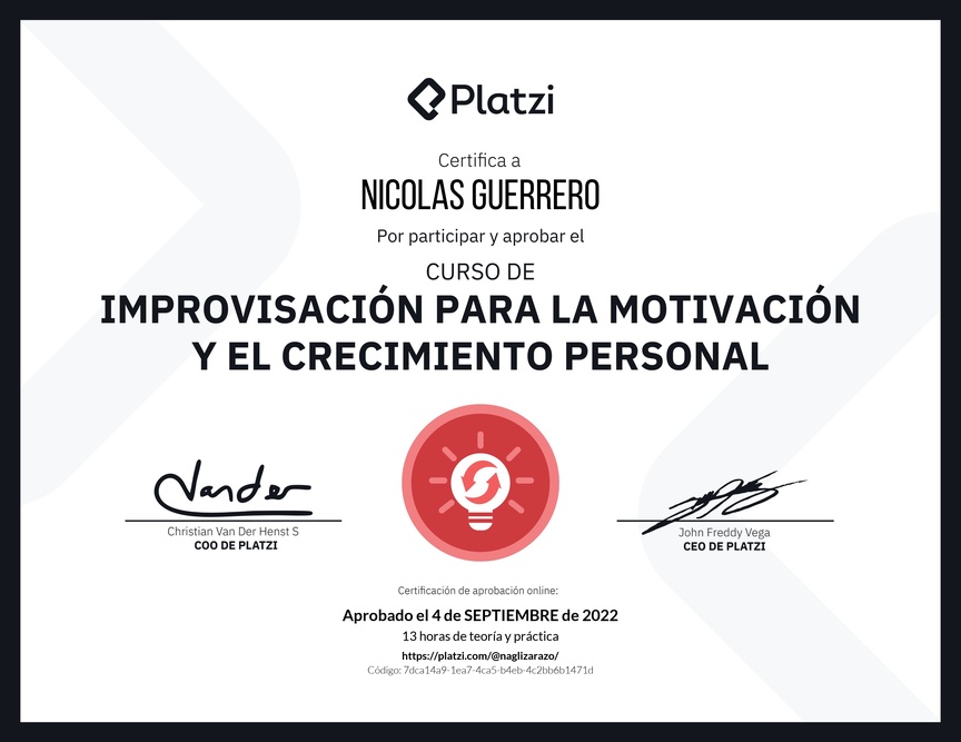 Diploma del Curso de Improvisación para la Motivación y el Crecimiento Personal