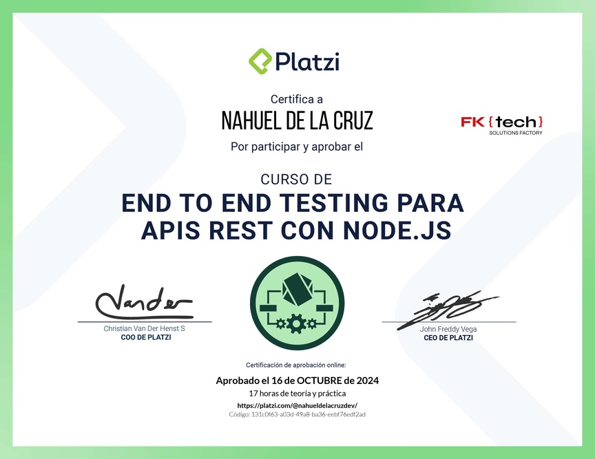 Diploma del Curso de End to End Testing para APIs REST con Node.js