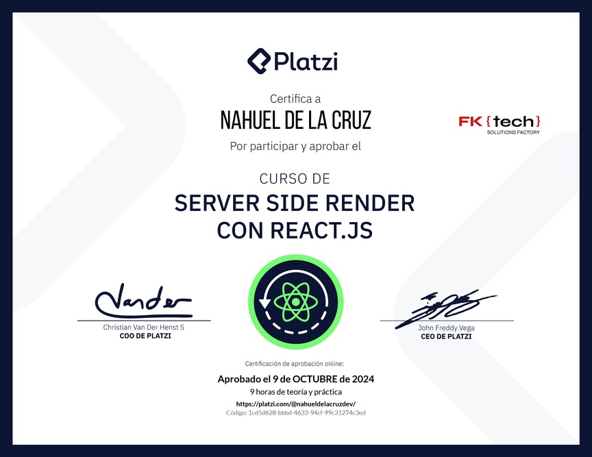 Diploma del Curso de Server Side Render o SSR con React.js