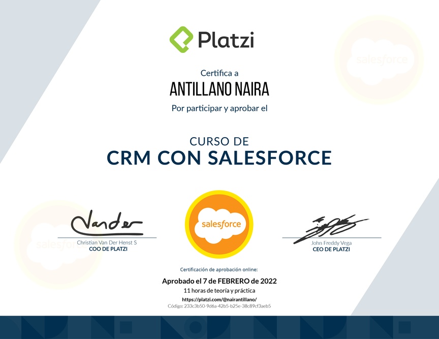 Diploma del Curso de CRM con Salesforce
