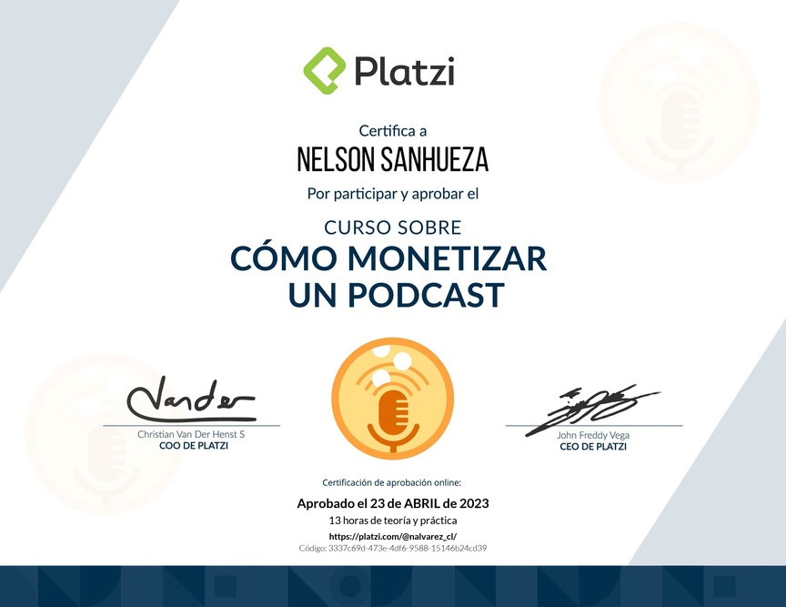Diploma del Curso sobre Cómo Monetizar un Podcast