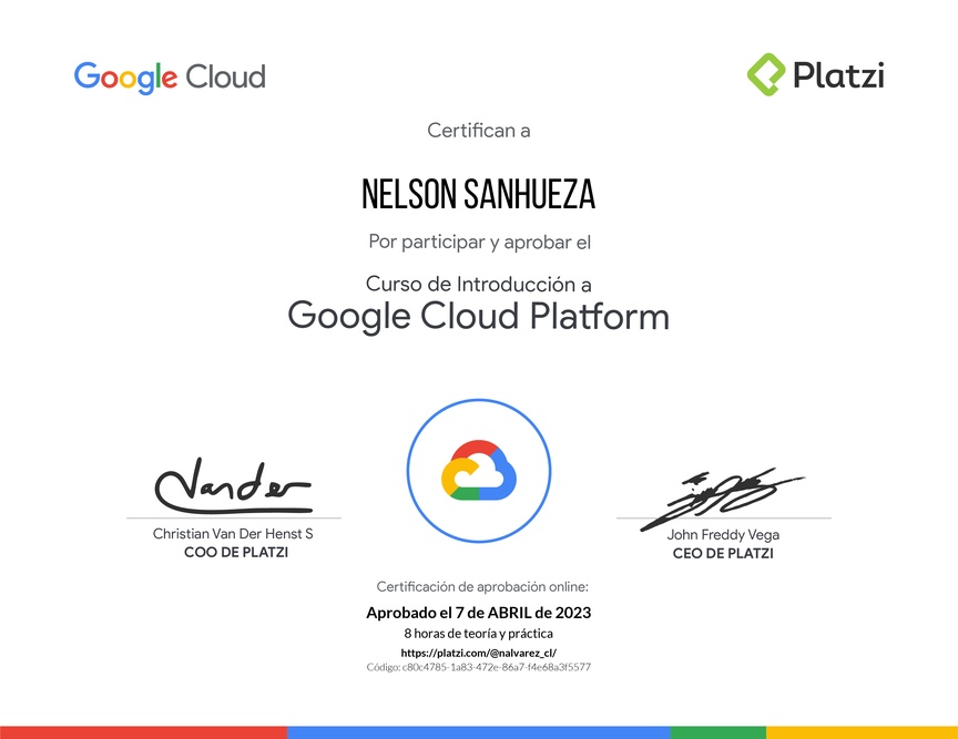 Diploma del Curso de Introducción a Google Cloud Platform