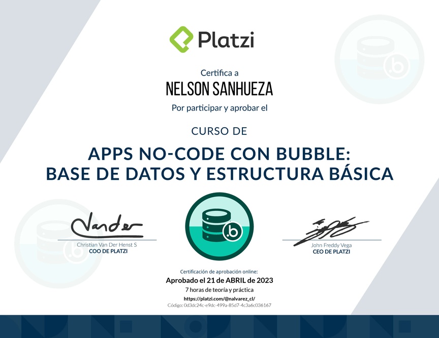 Diploma del Curso de Apps No-code con Bubble: Base de Datos y Estructura Básica