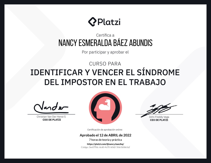 Diploma del Curso para Identificar y Vencer el Síndrome del Impostor