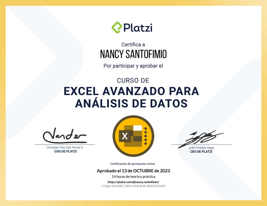 Diploma del Curso de Excel Avanzado para Análisis de Datos