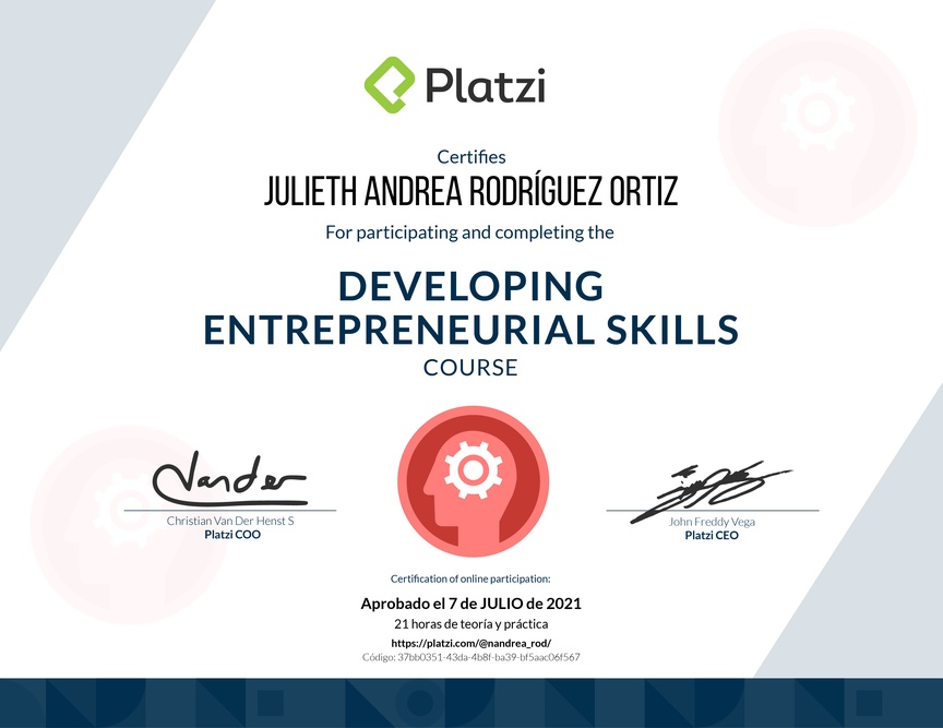 Diploma del Curso de Innovación para Emprendimiento