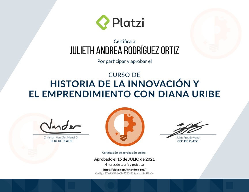 Diploma del Curso de Historia de la Innovación y el Emprendimiento con Diana Uribe