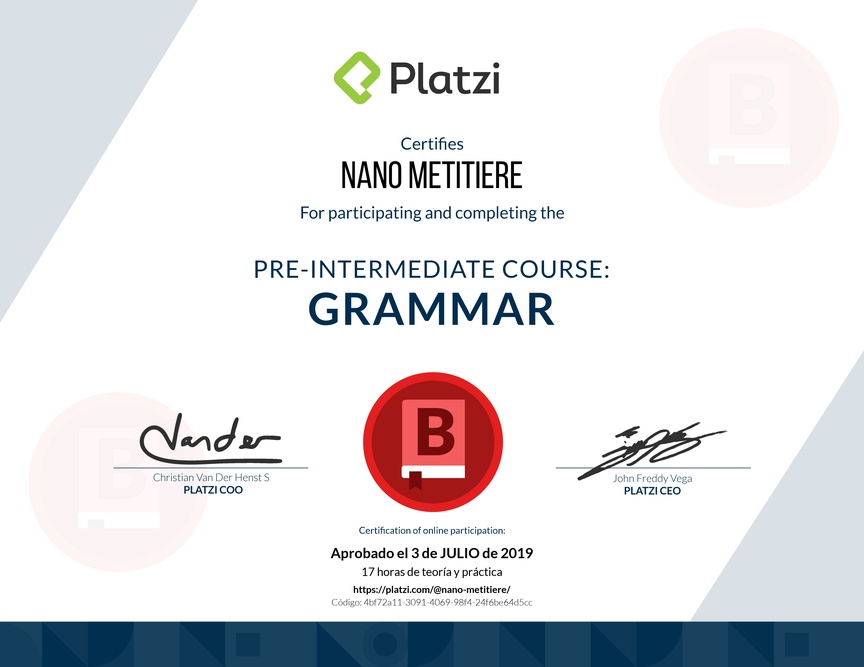 Diploma del Curso de Inglés Práctico: Gramática 2019