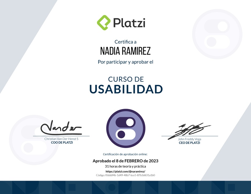 Diploma del Curso de Usabilidad: Principios, Pruebas y Herramientas Avanzadas
