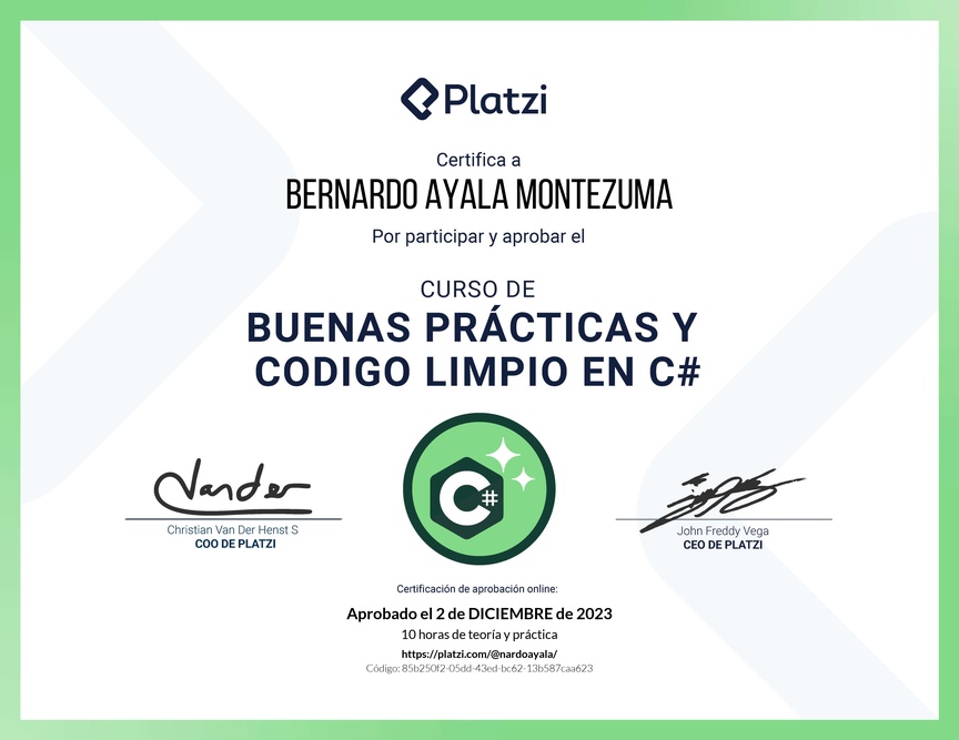 Diploma del Curso de Buenas Prácticas y Código Limpio en C#