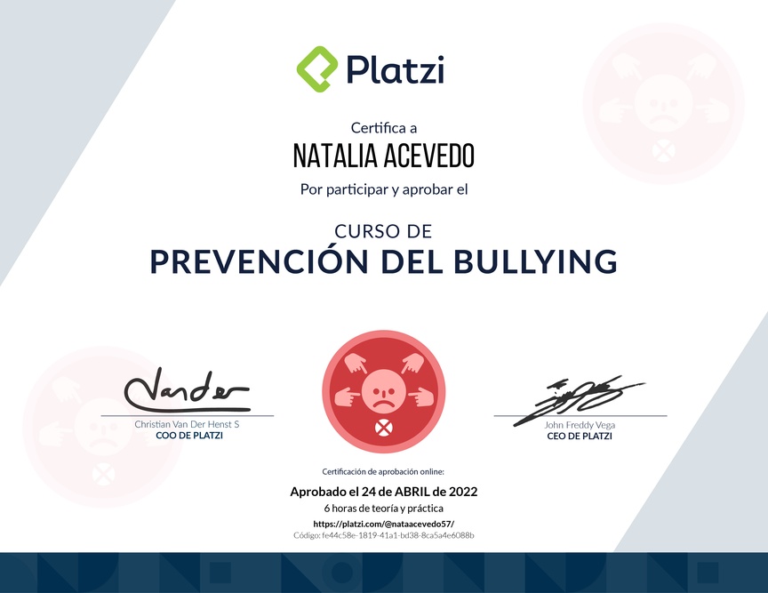Diploma del Curso de Prevención del Bullying
