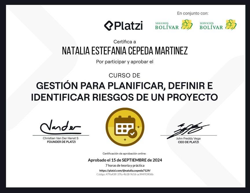 Diploma del Curso de Gestión para Planificar, Definir e Identificar Riesgos de un Proyecto
