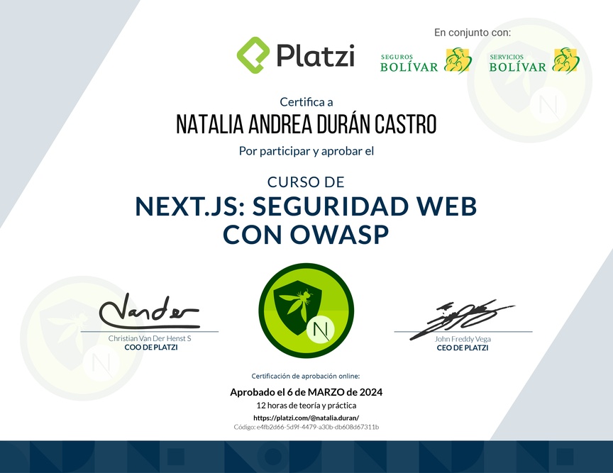 Diploma del Curso de Next.js: Seguridad Web con OWASP