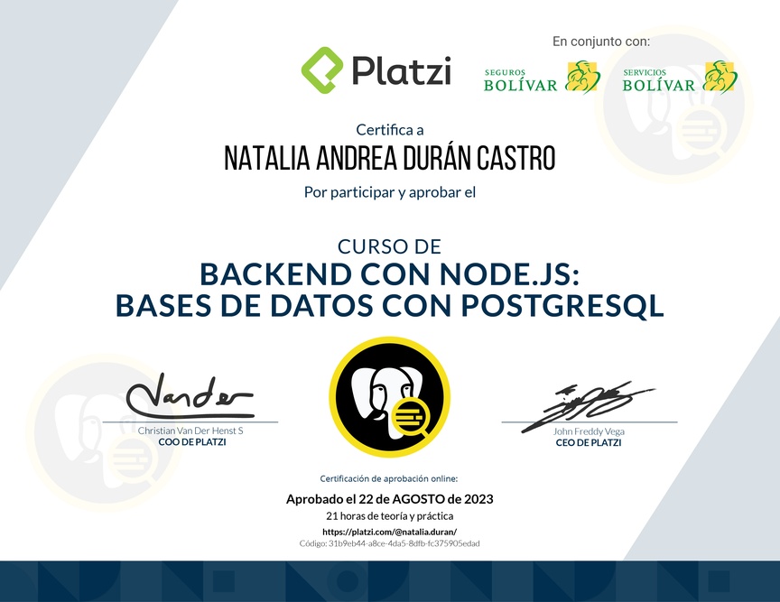 Diploma del Curso de Backend con Node.js: Base de Datos con PostgreSQL