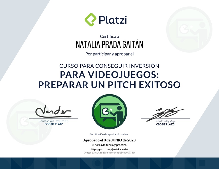 Diploma del Curso para Conseguir Inversión para Videojuegos: Preparar un Pitch Exitoso