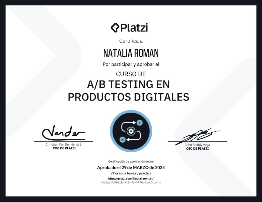 Diploma del Curso de A/B Testing en Productos Digitales