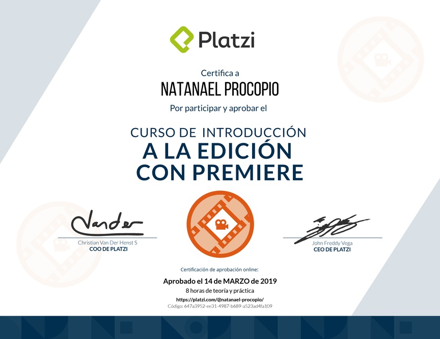 Diploma del Curso de Introducción a la Edición con Premiere 2018