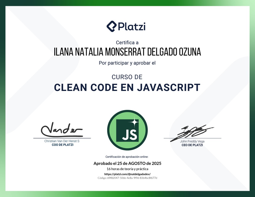 Diploma del Curso de Clean Code y Buenas Prácticas con JavaScript
