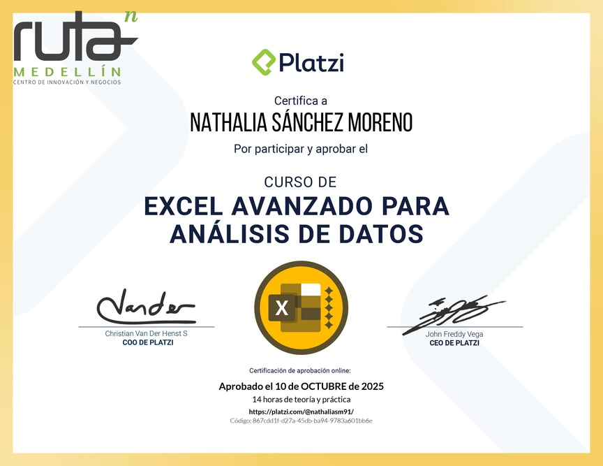 Diploma del Curso de Excel Avanzado para Análisis de Datos