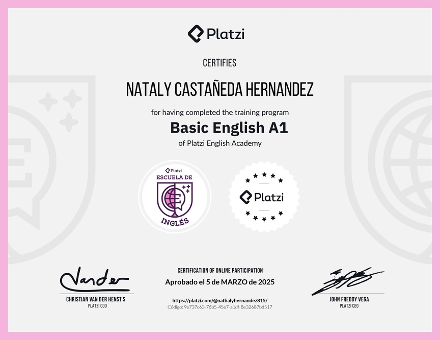 Diploma de la Ruta de Aprendizaje de Inglés Básico A1