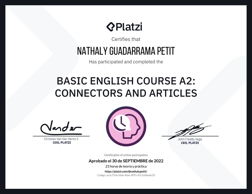 Diploma del Curso de Inglés Básico A2: Conectores y Artículos
