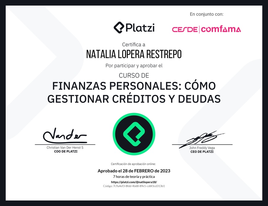 Diploma del Curso de Finanzas Personales: Cómo Gestionar Créditos y Deudas