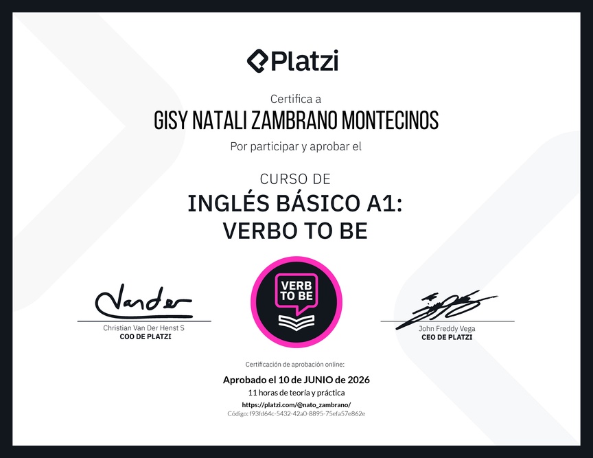 Diploma del Curso de Inglés Básico A1: Verbo To Be
