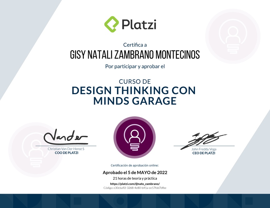 Diploma del Curso de Design Thinking con Minds Garage