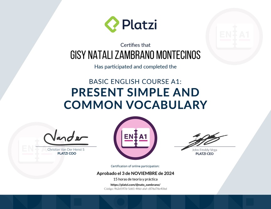 Diploma del Curso de Inglés Básico A1: Presente Simple y Vocabulario Común (2021)