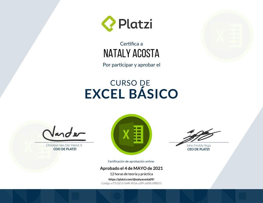 Diploma del Curso de Excel Básico