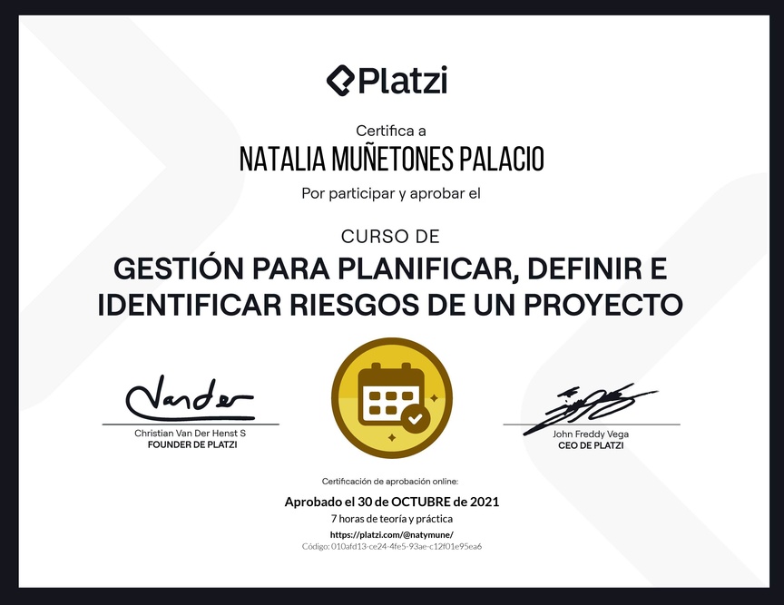 Diploma del Curso de Gestión para Planificar, Definir e Identificar Riesgos de un Proyecto
