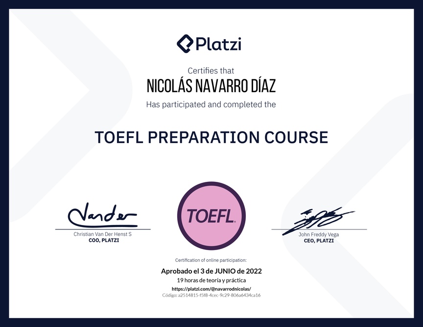 Diploma del Curso de Inglés para Preparación para TOEFL (2020)