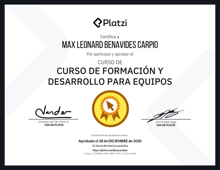 Diploma del Curso de Formación y Desarrollo para Equipos